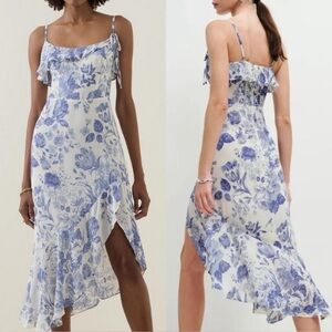 New Reformation Liana Midi Dress Lucerne Blue White Floral Asymmetrical 6